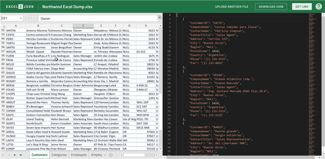 Excel2Json.io Converting Excel to JSON