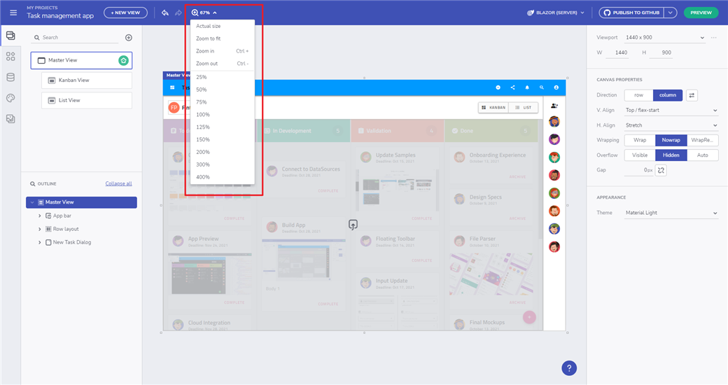  Repositioned zoom settings for design surface to app toolbar in App Builder