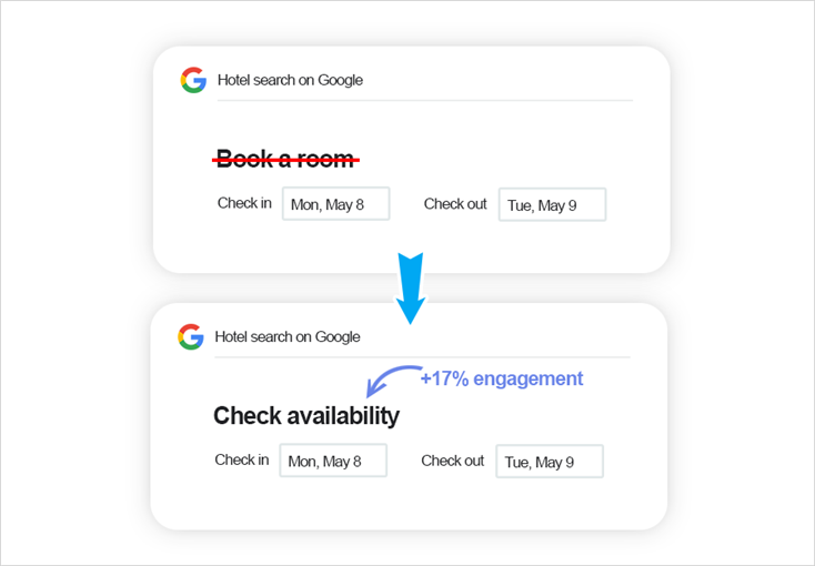 ux writing example by google's book a room CTA
