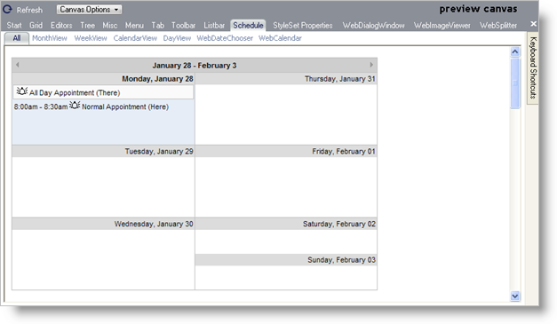 The Schedule canvas with the MonthView.