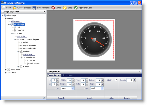 The gauge designer with the finished created radial gauge.