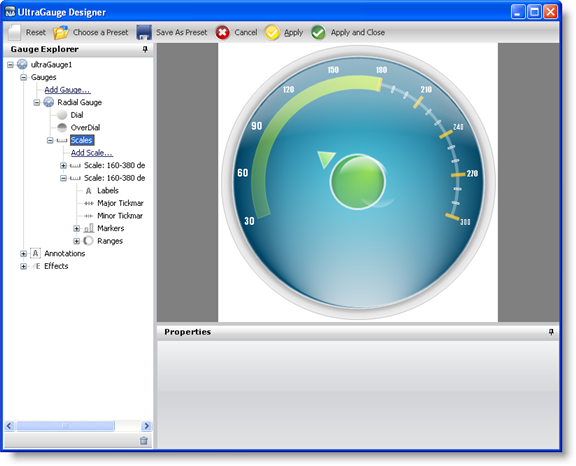 The gauge designer with a radial gauge with a second range specified.