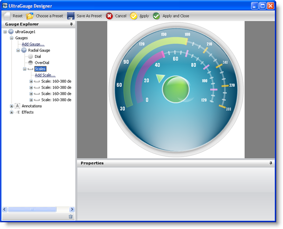 The gauge designer with radial gauge with second scale and range specified.