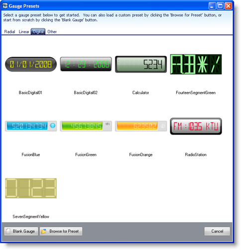 The presets available for the digital gauge.