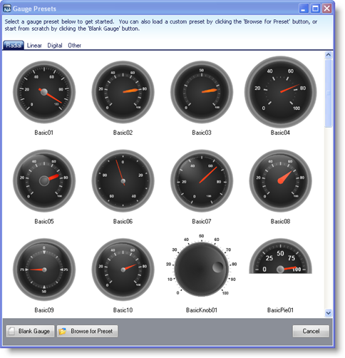 The available radial gauge presets.