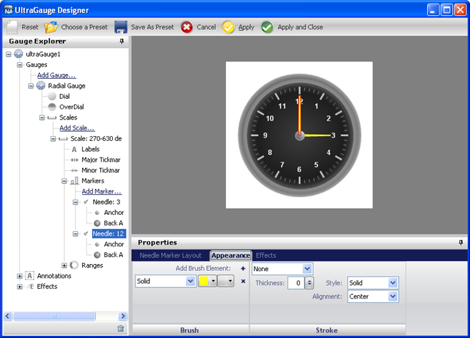 Shows how selecting the needle property in the gauge explorer highlights the needle in the preview area.