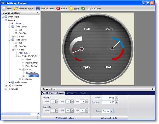 Shows how the gauge designer's explorer works with the preview area when selecting things in the explorer.