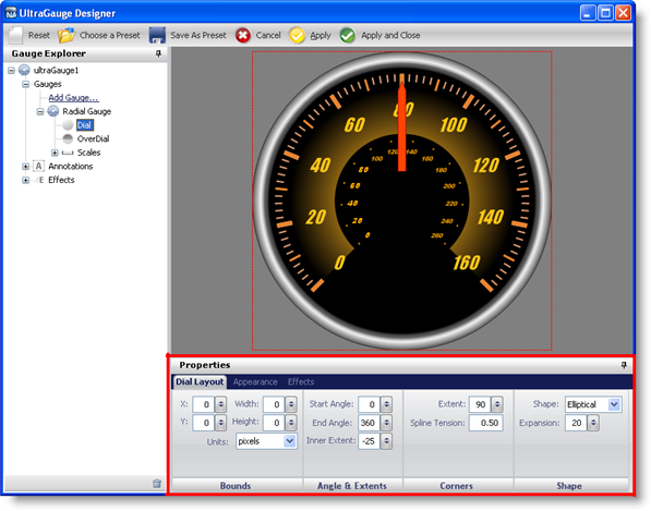 Screenshot of the gauge designer with the properties panel highlighted.