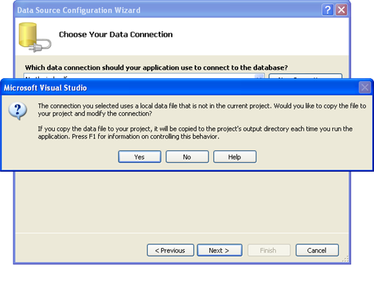 data source configuration wizard add database locally message box