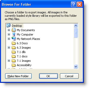 The Browse For Folder dialog that lets you choose where to place the exported images.