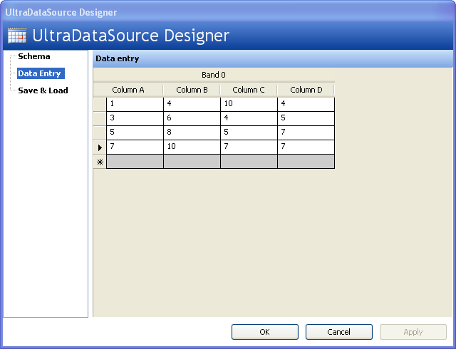 Shows the WinDataSource's Designer in the Data Entry area with the data that will be used to bind the chart.