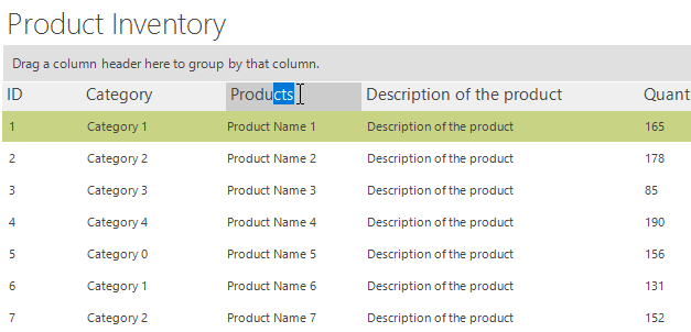 UltraGrid shown with header for Column 0 being edited