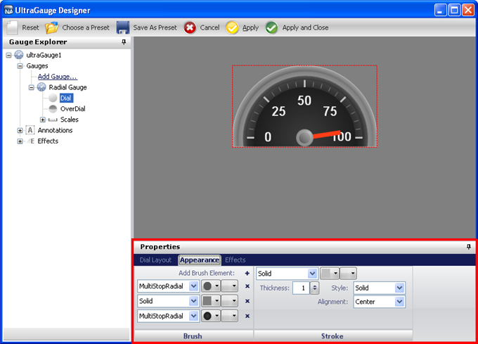 Wingauge designer with properties panel highlighted.