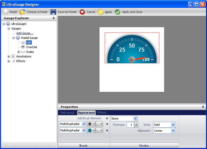 wingauge designer with radial gauge with change preset.