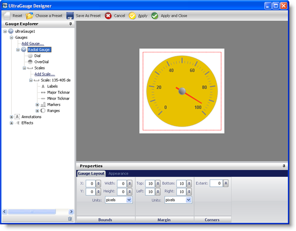 wingauge designer with preset applied to a radial gauge.