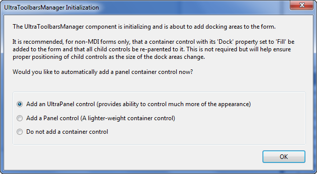 ultratoolbarsmanager's initialization dialog that appears when you drop ultratoolbarsmanager on your form at design time.