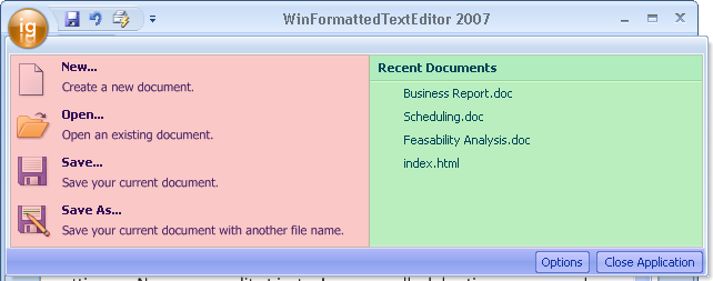 example of ultratoolbarsmanager application menu for ribbon