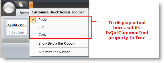 example of placing tools on the quick access toolbar menu in xamribbon